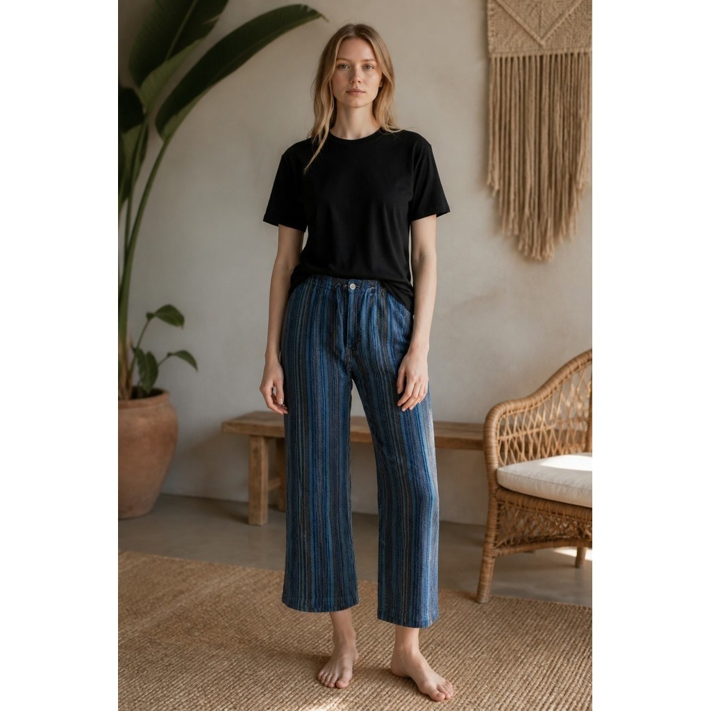 Sundance Pants Womens Petite L Blue Black Striped Wide Leg Cropped Relaxed Boho